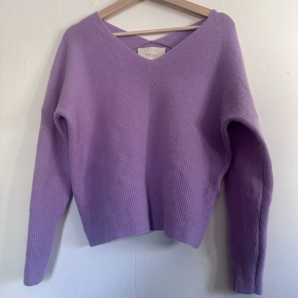 Maje‎ Women Purple Lavender Cashmere V-Neck Pullover Sweater Luxury Size 2